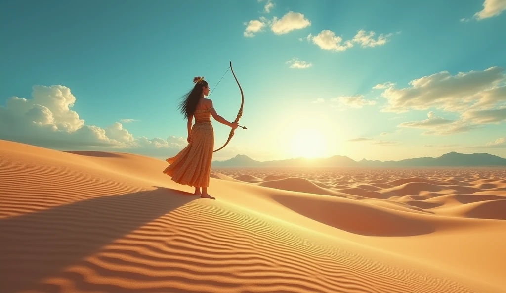 A scene showing a Sagittarius figure standing on a vast desert with an expansive sky, looking towards distant mountains, symbolizing their quest for new horizons. --ar 16:9