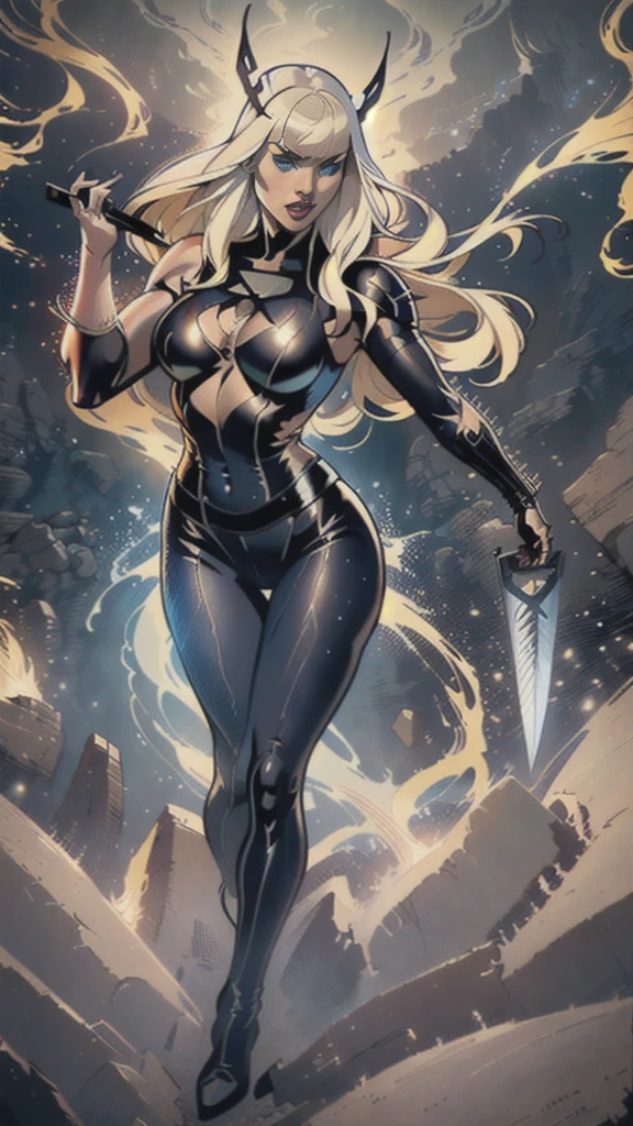 Magik of X-men, Illyana Rasputin with long white hair, piercing blue eyes, wearing a low cut unitard with high cut legs, holding a glowing magical sword, floating in a mystical realm with swirling energy, (best quality,8k,highres,masterpiece:1.2),ultra-detailed,realistic,photorealistic,photo-realistic:1.37,concept art,dark fantasy,digital painting,dramatic lighting,cinematic,intricate details,ethereal,otherworldly atmosphere