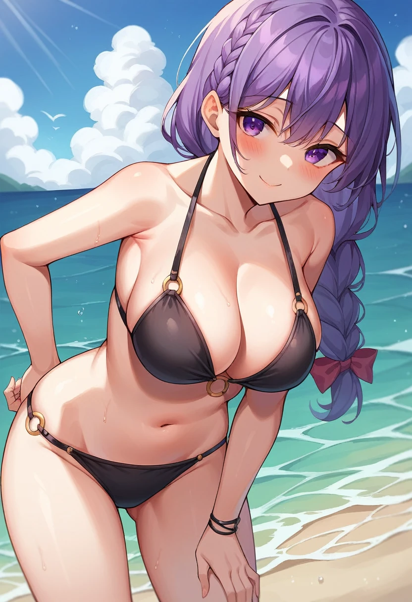 1girl, solo, long hair, breasts, looking at viewer, blush, smile, bangs, large breasts, dress, ribbon, navel, cleavage, bare shoulders, purple eyes, collarbone, swimsuit, hair ribbon, purple hair, braid, bikini, leaning forward, black bikini, ocean, beach, o-ring