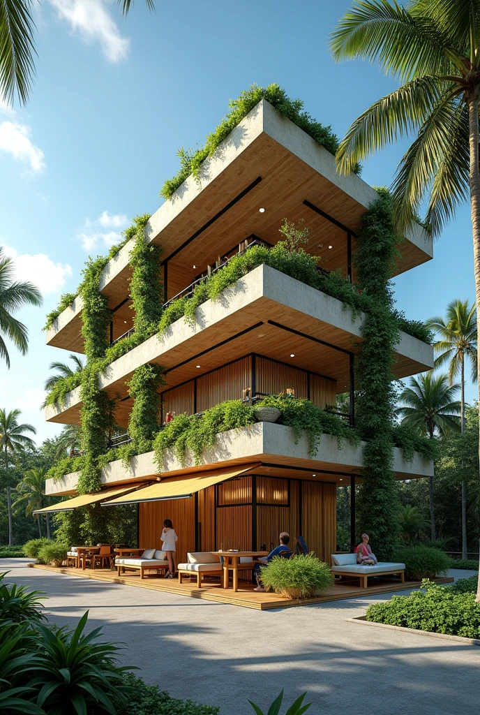 Create an image of a 3 storey commercial building that is simple but creative and considers the tropical climate of the philippines.