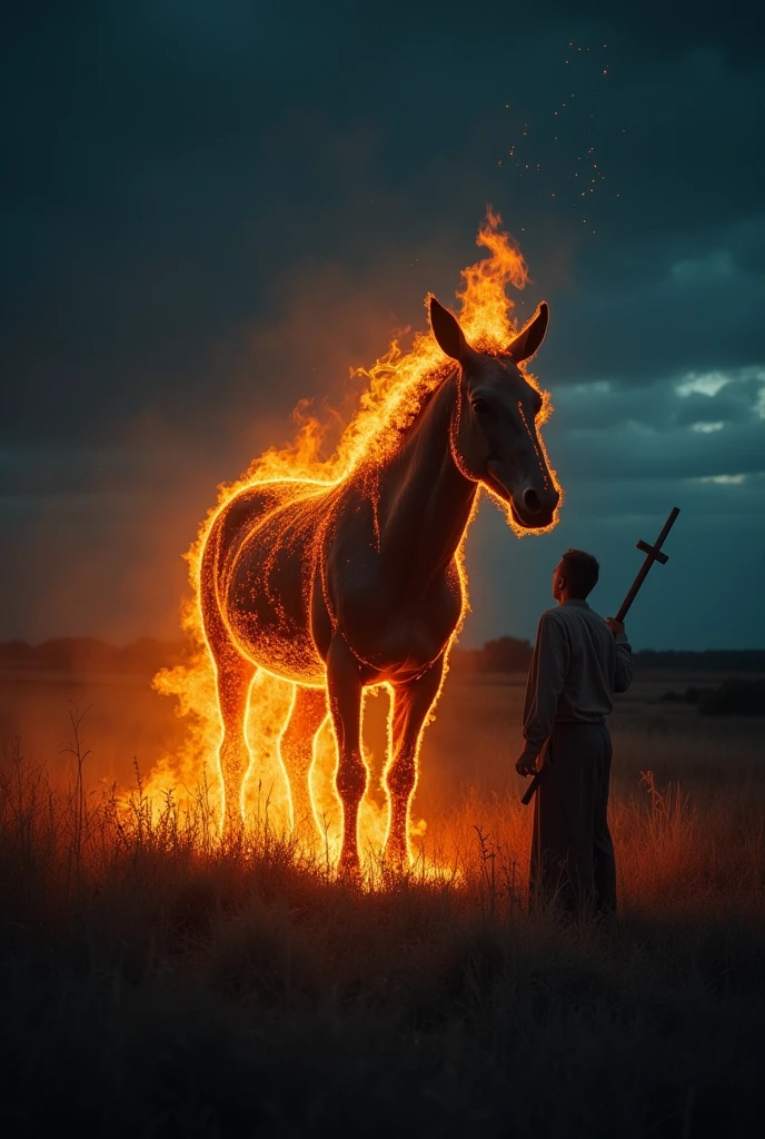 In the middle of the field, under the dark, starless sky, The headless mule, wrapped in orange flames, emerges from the darkness. The creature, imposing and terrifying, has no head, but it is in a menacing pose, with hooves raised and flames coming from its body. Ao fundo, the old ranch is partially visible, wrapped in darkness, while Father Emanoel,  raises the crucifix against the creature.
