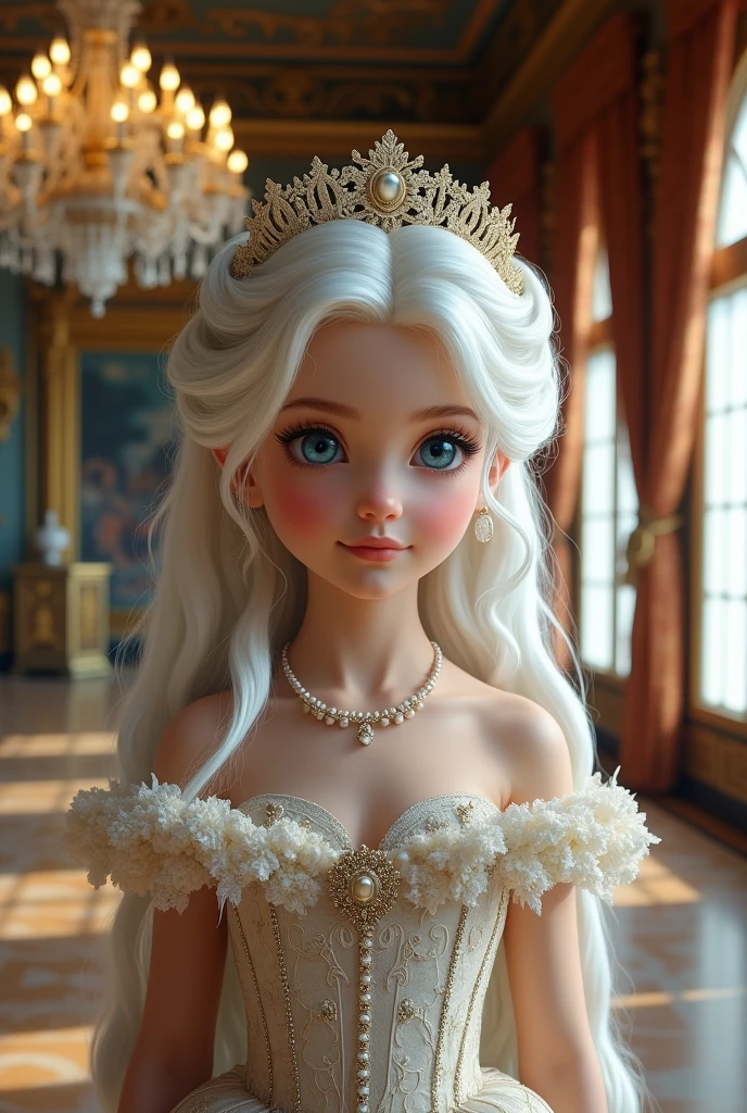A young princess with white hair and blue eyes wearing Victorian clothing in a palace