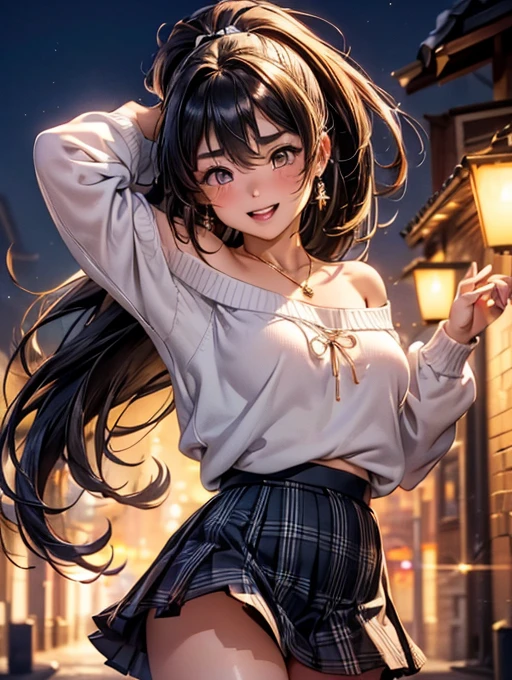 Browsing Caution,​(Highest quality, 8k, masterpiece:1.3,beautiful girl), (Very detailed)Glowing Skin,(((Long Hair,ponytail,Blue Ribbon,Beautiful Hair))),(Perfect Anatomy, Anatomically cまたはrect, Very detailed肌),((Golden Eyes,Droopy eyes,Narrow eyes,Thick eyebrows:1.2)),((Perfect Fingers,Five Fingers)), Mole under the eye,Double teeth,Big Breasts,Big Ass,high school girl,Very smiling,Smile and close your eyes,((Off-shoulder white sweater:1.2,Black and white plaid mini skirt:1.3,Pink Panties)),walk,Port town,Beautiful night view,((Shiny Earrings,small diamond necklace)),Place your arms behind your head,Wink、Throw kiss,(((Natural Makeup)))