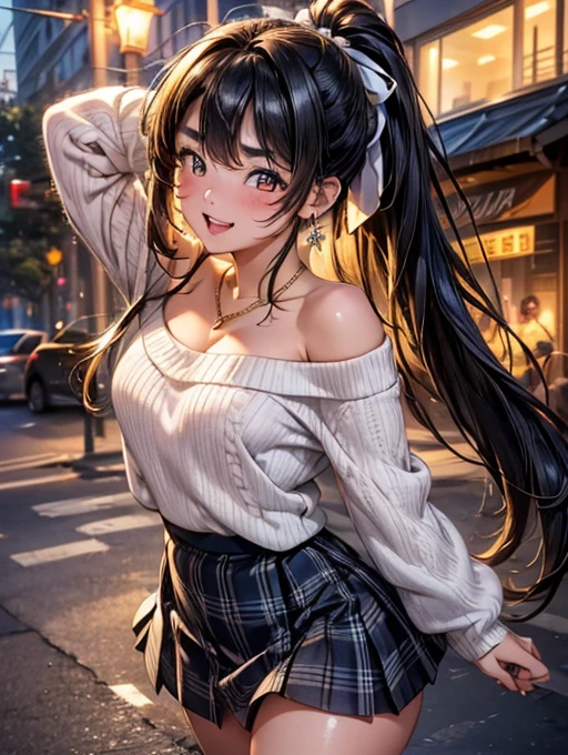 Browsing Caution,(Highest quality, 8k, masterpiece:1.3,beautiful girl), (Very detailed)Glowing Skin,(((Long Hair,ponytail,Blue Ribbon,Beautiful Hair))),(Perfect Anatomy, Anatomically cまたはrect, Very detailed肌),((Golden Eyes,Droopy eyes,Narrow eyes,Thick eyebrows:1.2)),((Perfect Fingers,Five Fingers)), Mole under the eye,Double teeth,Big Breasts,Big Ass,high school girl,Very smiling,Smile and close your eyes,((Off-shoulder white sweater:1.2,Black and white plaid mini skirt:1.3,Pink Panties)),walk,Port town,Beautiful night view,((Shiny Earrings,small diamond necklace)),Place your arms behind your head,Wink、Throw kiss,(((Natural Makeup)))
