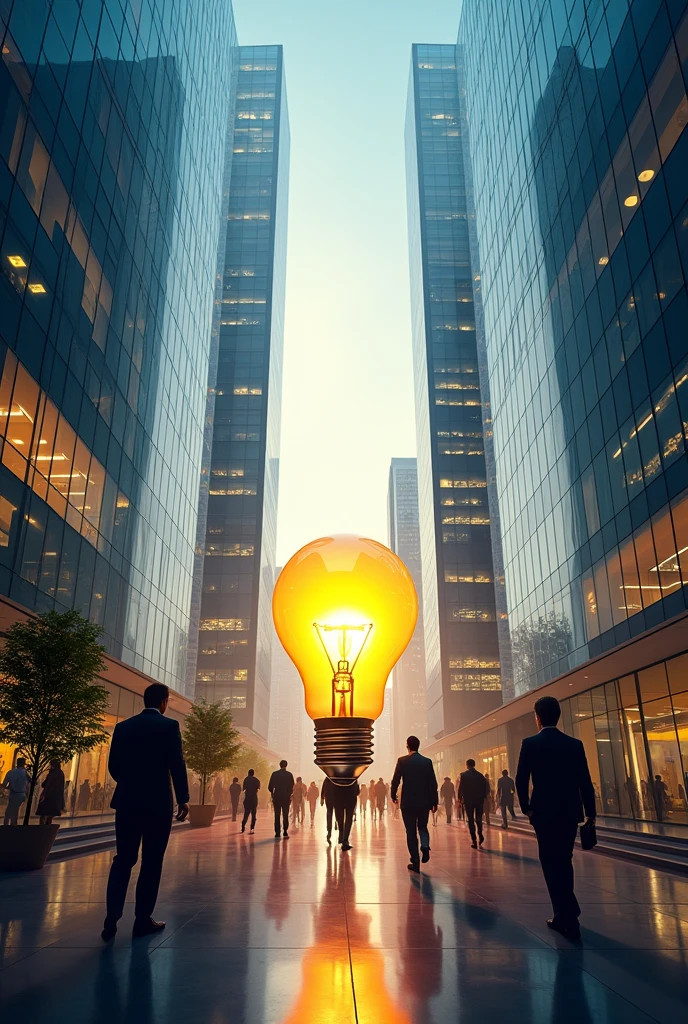 Corporate Intelligence: An icon of a lit light bulb inside a corporate building, Symbolizing ideas and insights within the business environment.
