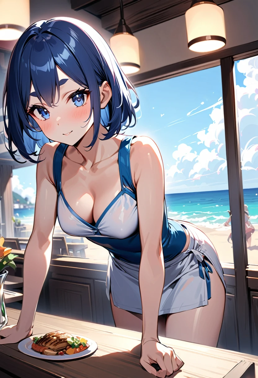 (best quality, masterpiece),waitress is busy working at the restaurant,A restaurant right by the sea,Waitress in summer clothes, BREAK (girl,16yo,detailed face,(darkblue hair,wavy-short hair),middle thick eyebrows,,middle small breasts),