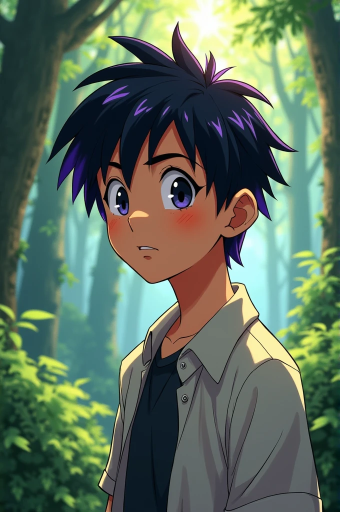 Boy with short black hair and purple highlights, black eyes and white skin, that his facial features are a bit rough. I love the forest. He's an adult now, that their face is well detailed.
Let it be in 2d or anime