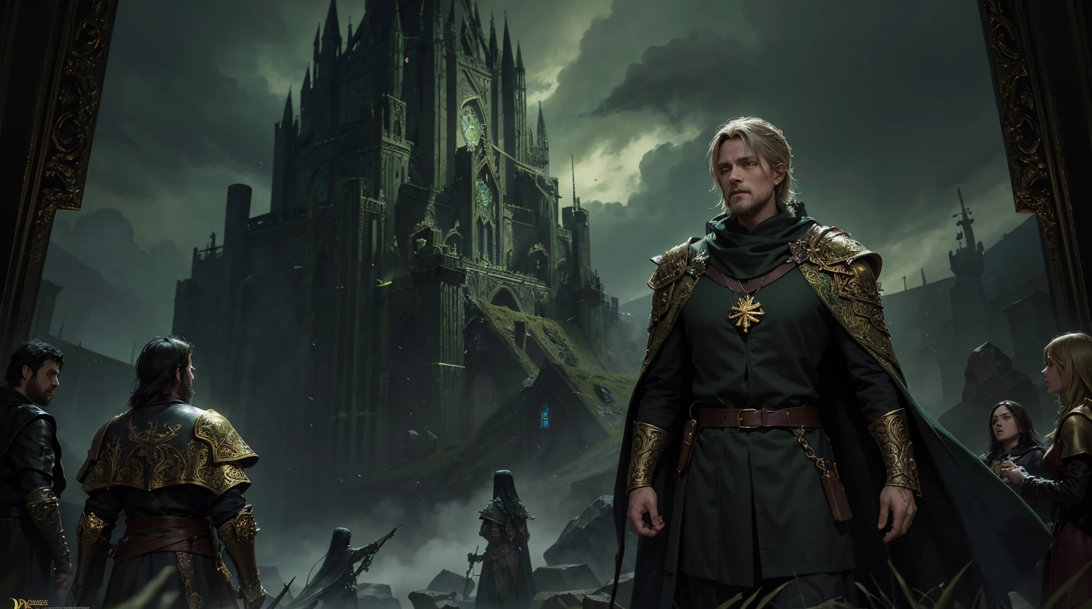 arafed picture of a green background with a gold frame, lovecraftian background, gloomy medieval background, dark green background, , game overlay, stunning arcanum backdrop, odin's stone arena background, rpg background, thorn background. d&d, medieval background, dark fantasy background, ornate borders + concept art, game texture