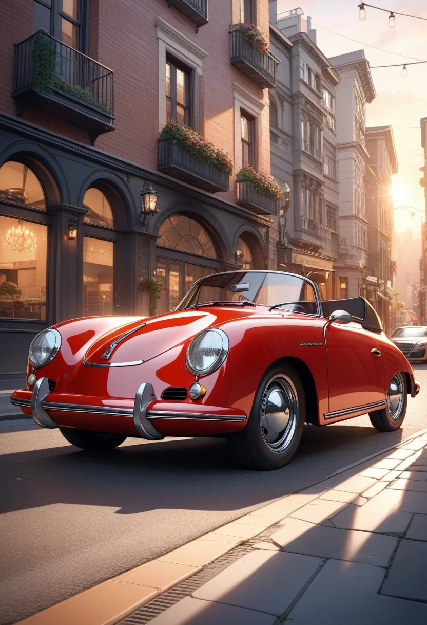 ((Masterpiece)), ((Best Quality)), (Very Detailed), ((Very Detailed)), 4K, (8K), very aesthetic, absurdres highres, A metallic red Porsche 356 is photographed from a low angle on a city street corner at sunset. The car's chrome bumper and classic wheels shine, and the leather seats and wood steering wheel visible from the open top give it a luxurious feel. The buildings in the background are detailed.