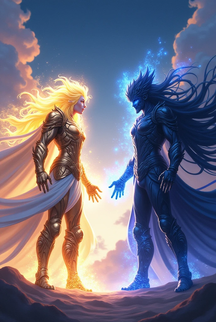Create an icon with two gods, one of light and one of shadows, ready to battle each other in anime style.