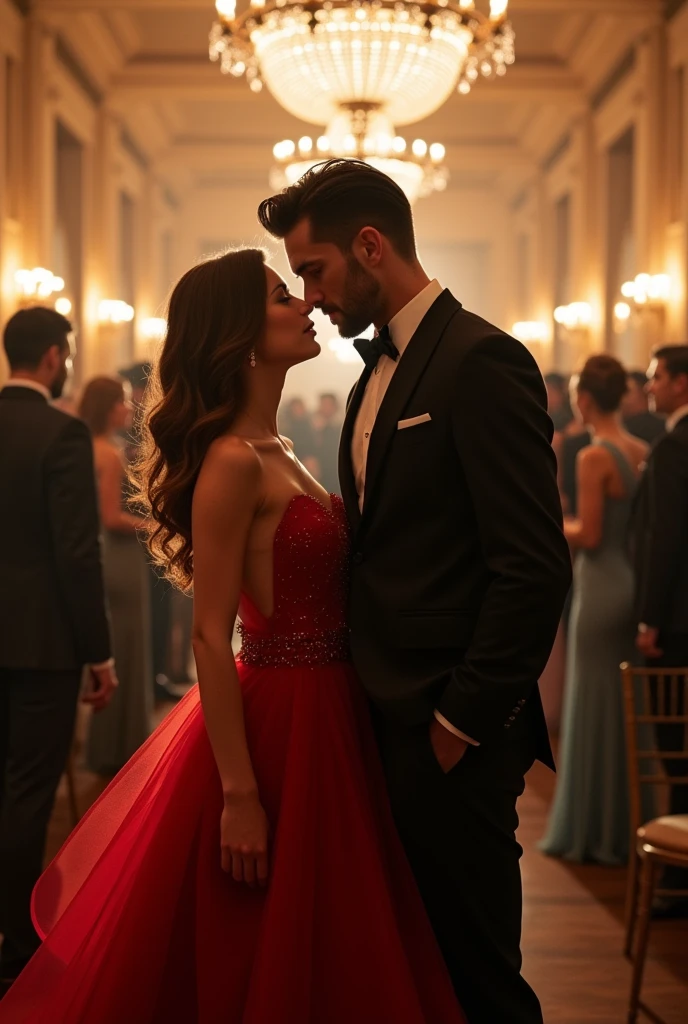 A tall man in suit and a lady in a red dress 