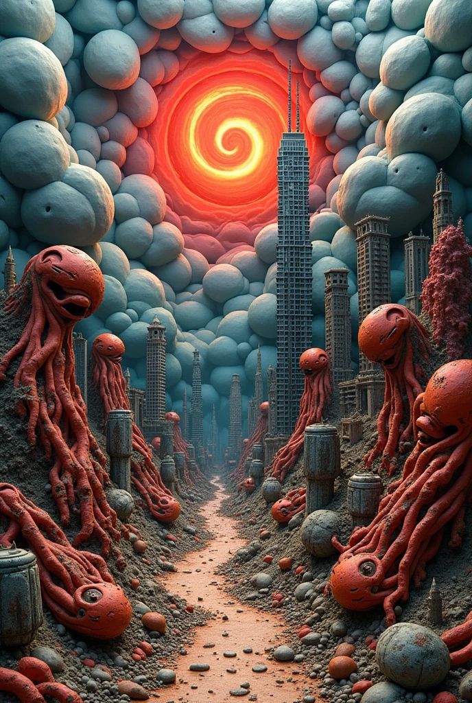 Paysage climatique chaotique. chaos. apocalyptique. Modeling clay. affiche de film. ultra détaillé. Divers objets. ((détail)) HD. Plenty of objects. Écriture, inscriptions. Pâte à modeler