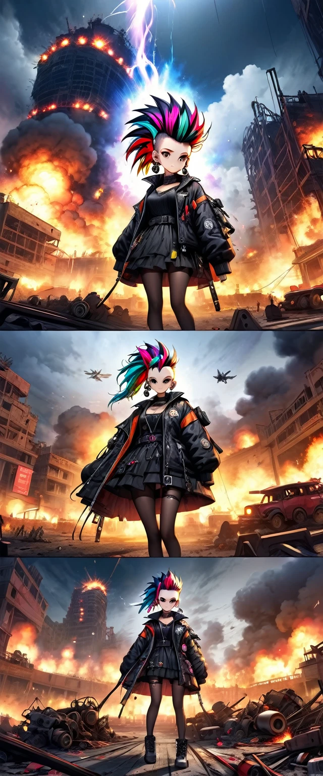 ((epic lighting)),((masterpiece, Best Quality)), epic perpetuation of a dark and illuminated night landscape, shrouded in darkness, remains of a ruined stage in the background, explosions detonating at night, suspended smoke illuminated by the glow of the explosion, distant vehicles engulfed in flames. (masterpiece, Best Quality), Majestic representation, ((2 men with beautiful and well-defined faces ((mohawk hair of various colors)), 2 beautiful and well-defined women, ((with multi-colored punk hairstyles)), (( Whole body)), brightly colored caps and spiked decorations)). PUNK style dresses in various colors., large earrings and striking punk garments meticulously decorated with countless metallic and pointy accessories, spikes and punk-inspired ensembles. They exude a dynamic flight position., 8k.((dynamic flight posture))