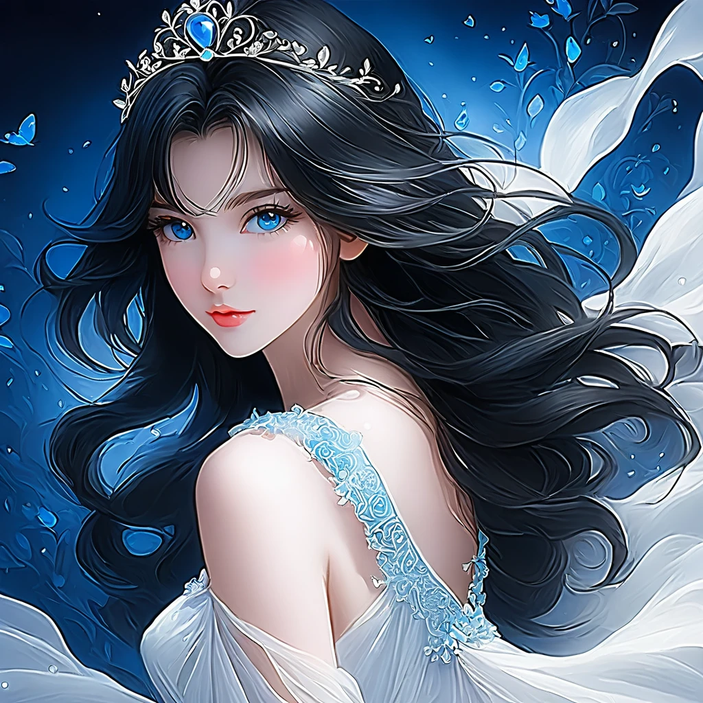 Beautiful young princess with black hair and blue eyes, She is wearing a beautiful long white dress。An illustration、art、From an 80&#39;s horror movie, Supervised by Junji Ito、Scary ghosts、Attention to detail, Realistic shadows、Analog Style, VHS style, 8mm film, chromatic aberration, DVD Screen Grab、Complementary Gradient
