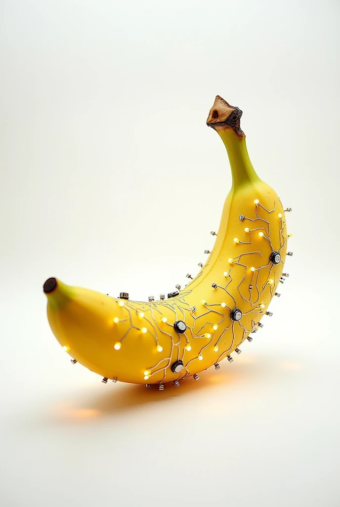 Drawing of a banana that looks like it's being built with circuits on a white background