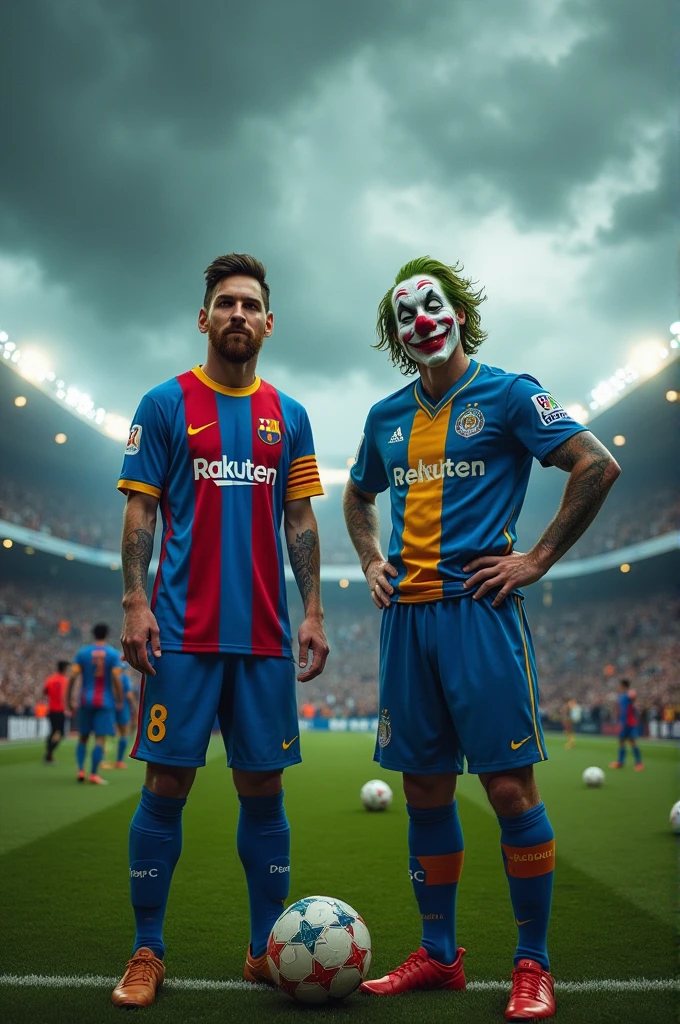 Create an image with Lionel Messi and Joaquin Phoenix's Joker from 2018 wearing the Pachuca FC uniform..