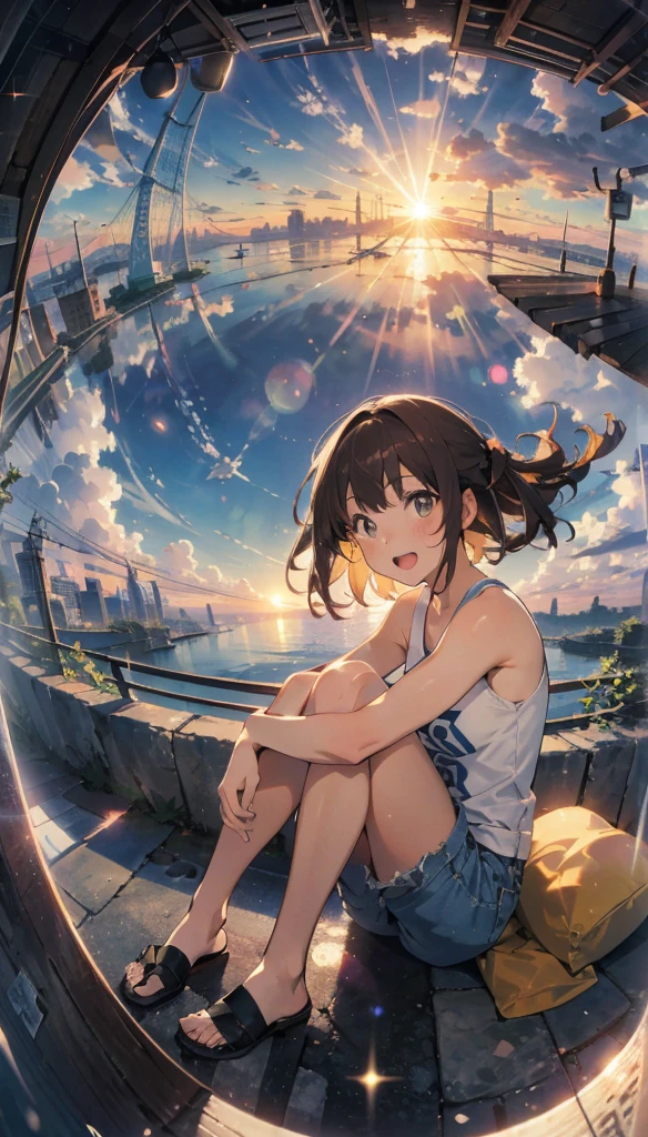 A cumulus cloud in the center of the screen, Sun at sunset，daughter，Brown Hair，Sitting with knees hugged,enjoy，Open your mouth，lol，Dynamic Hair，masterpiece，high quality，Written boundary depth，Storytelling Images，Fisheye Lens　glitter effect
A lone figure　whole body　beautiful girl　Tank top　Denim shorts