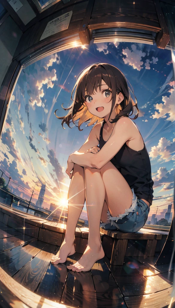 A cumulus cloud in the center of the screen, Sun at sunset，daughter，Brown Hair，Sitting with knees hugged,enjoy，Open your mouth，lol，Dynamic Hair，masterpiece，high quality，Written boundary depth，Storytelling Images，Fisheye Lens　glitter effect
A lone figure　whole body　beautiful girl　Tank top　Denim shorts