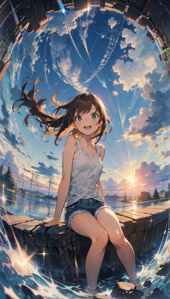 A cumulus cloud in the center of the screen, Sun at sunset，daughter，Brown Hair，Sitting with knees hugged,enjoy，Open your mouth，lol，Dynamic Hair，masterpiece，high quality，Written boundary depth，Storytelling Images，Fisheye Lens　glitter effect
A lone figure　whole body　beautiful girl　Tank top　Denim shorts