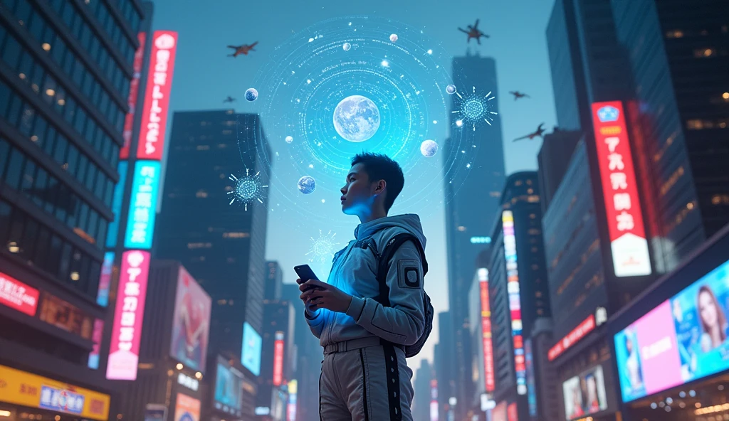 A figure with a futuristic device, scanning a digital map of constellations and planets, set against a backdrop of a bustling city with technological advancements, capturing their forward-thinking nature. --ar 16:9