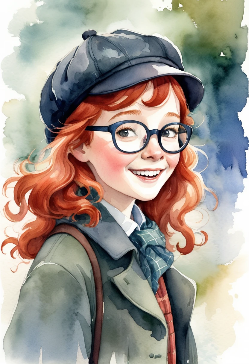 2d simple young girl with shoulder-length red hair, glasses, and a joyful demeanour, dressed like Sherlock Holmes, Deerstalker Hat. Children's book illustration, watercolour