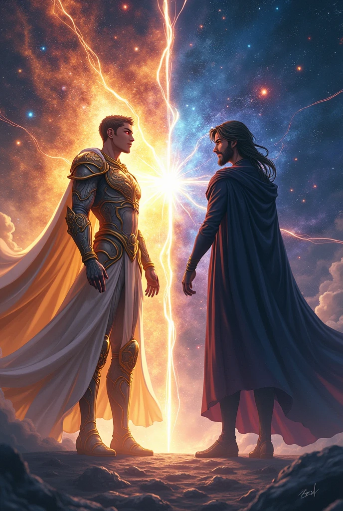 Create an icon featuring two gods, one of light and one of darkness, ready to battle each other in anime style, set in space.