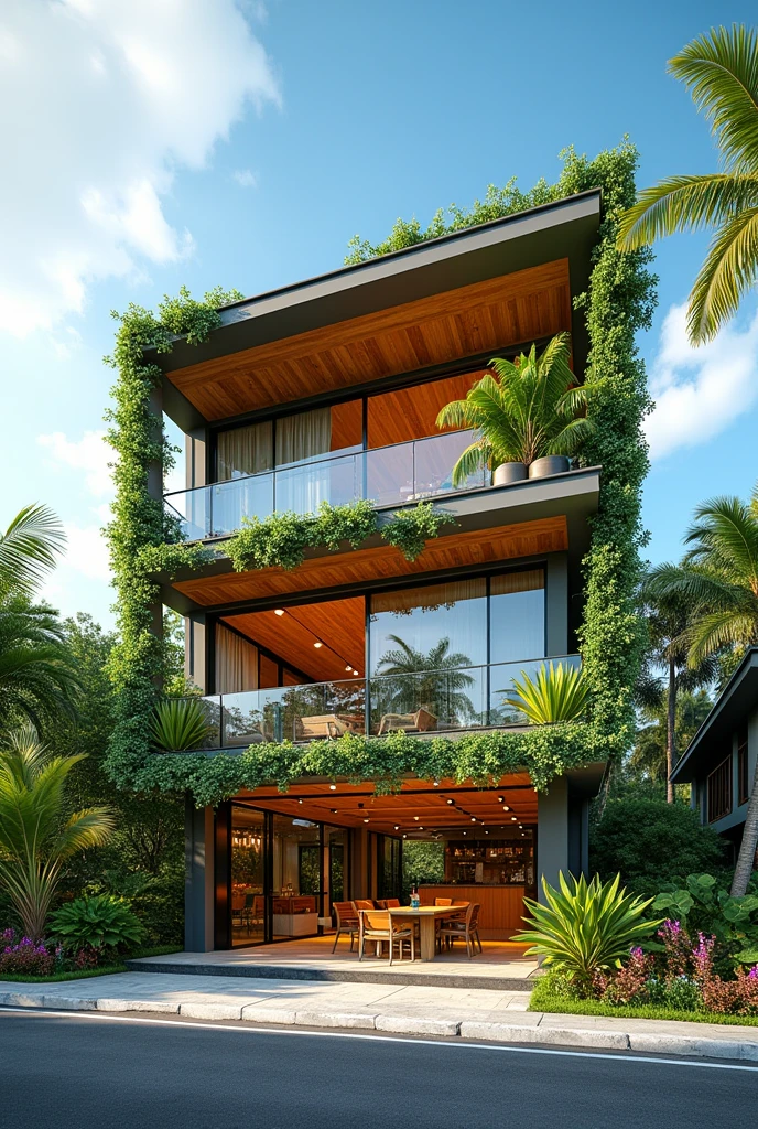 Create an image of a 3 storey commercial building that is simple but creative and have create form and considers the tropical climate of the philippines.