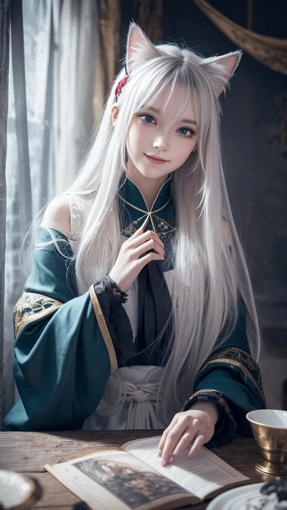 (masterpiece, highest quality, highest quality, official art, beautiful and aesthetic: 1.2), (one girl: 1.3), wavy long hair, white hair, Cat ears on the head,highly detailed portrait, highly detailed hands, looking at the viewer, alone, (whole body: 0.6), detailed background, close, shining eyes, (cold arctic winter theme: 1.1), fortune teller, Charlatan, grin, Mysterious, sitting at the table, カラフルな肩のないゆるいジプシーfortune tellerの服, holy grail, tarot cards, Crystal jade, Medieval (inner tent: 1.1) background, tent curtain on background, dark Mysterious lighting, Shadow, magical atmosphere, starry night, dutch angle, healing and guidance, transcendental beauty, fractal art, Seaweed,