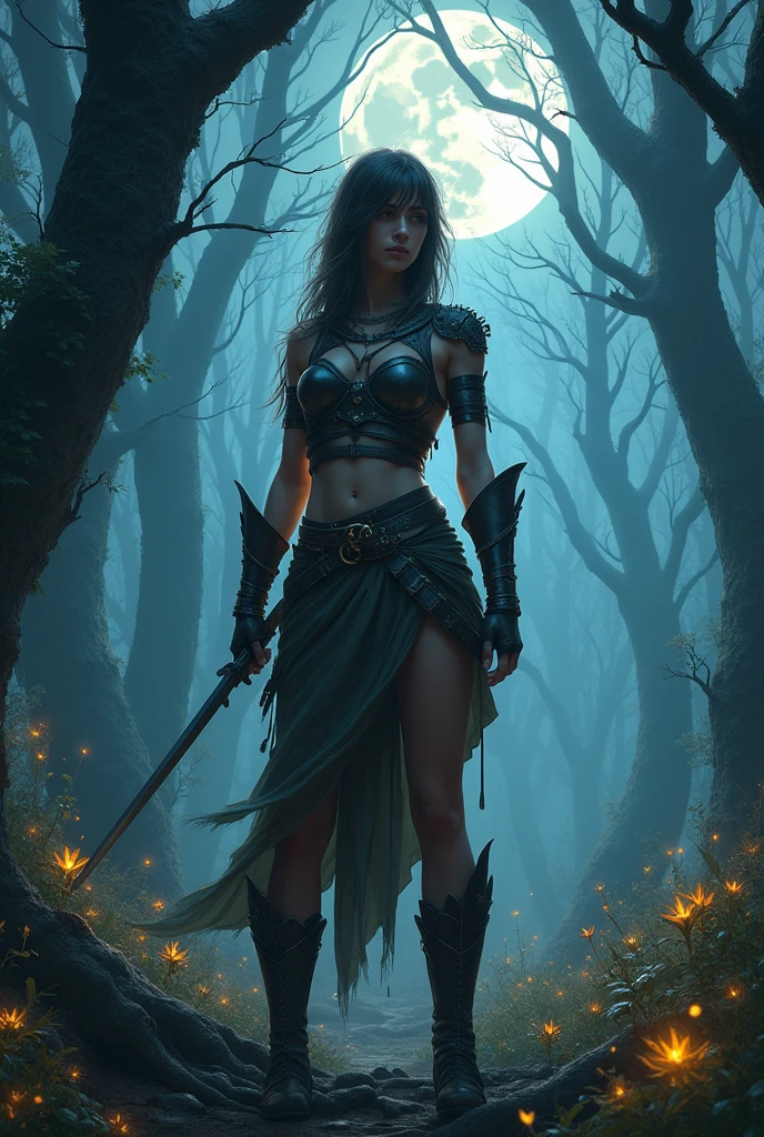 Woman with sword in hand in the middle of a shadowy forest