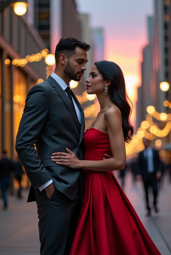 A tall man in suit and a lady in a red dress facing front 