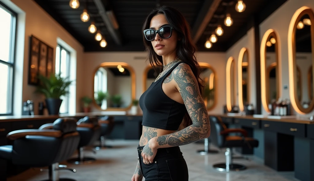 a heavily tattooed and pierced female barber in the empty space of a HI-TECH barber shop, very charismatic, sexy, with a body shape like Monica Bellucci, stunningly interesting, 5'7" tall, 45 years, in dark glasses.
a minimalist barbershop is shown with black wood ceiling, in the style of tonal palette, australian landscapes, light brown and white, minimalist detail, layered veneer panels, traditional craftsmanship, precise craftsmanship
Perspective chosen so, to show the barber in a close-up from the waist up. This allows you to focus on his charismatic image, tattoos and piercings. The barber occupies the central place in the frame, leaning slightly towards the camera, which creates an effect of intimacy and engagement of the viewer. The barbershop is modern and upscale, with sleek, dark toned decor, leather chairs, and polished surfaces. The lighting in the room is soft, highlighting the luxury of the barbershop, illuminating interior elements, executed with great attention to detail.
The barber's skin tone is natural, but somewhat enhanced for contrast with his dark tattoos and clothing. tattoos, In turn,, stand out in bright colors