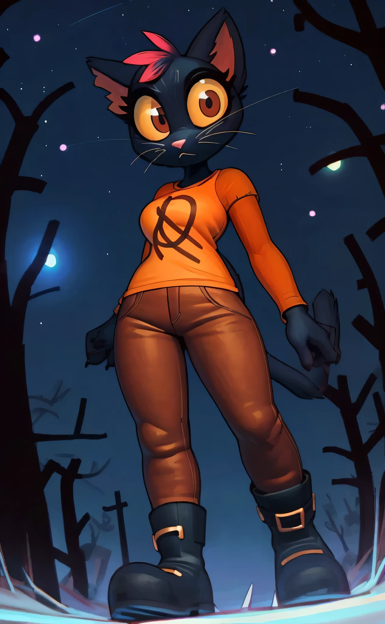 [mae borowski], [Night in the Woods], [Uploaded to e621.net; (Pixelsketcher), (wamudraws)], ((masterpiece)), ((HD)), ((high res)), ((solo portrait)), ((front view)), ((low angle view)), ((feet visible)), ((detailed fur)), ((detailed soft shading)), ((intricate details)), {(slim plump figure), (black fur), (pink nose), (wide eyes), (cute brown eyes), (yellow sclera), (long eyelashes), (whiskers), (short cat tail), (sharp black claws), (curvy hips), (beautiful legs), (beautiful feet), (blank expression)}, {(orange tee shirt), (tight brown pants), (black boots)}, {(standing), (looking back at viewer)}, [ambient lighting, nighttime, woods, trees, moonlight]