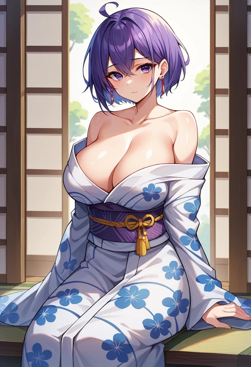 1girl, solo, breasts, looking at viewer, short hair, large breasts, cleavage, bare shoulders, jewelry, sitting, purple eyes, collarbone, purple hair, ahoge, earrings, japanese clothes, shiny, kimono, off shoulder, shiny hair, sash, floral print, yukata, white kimono