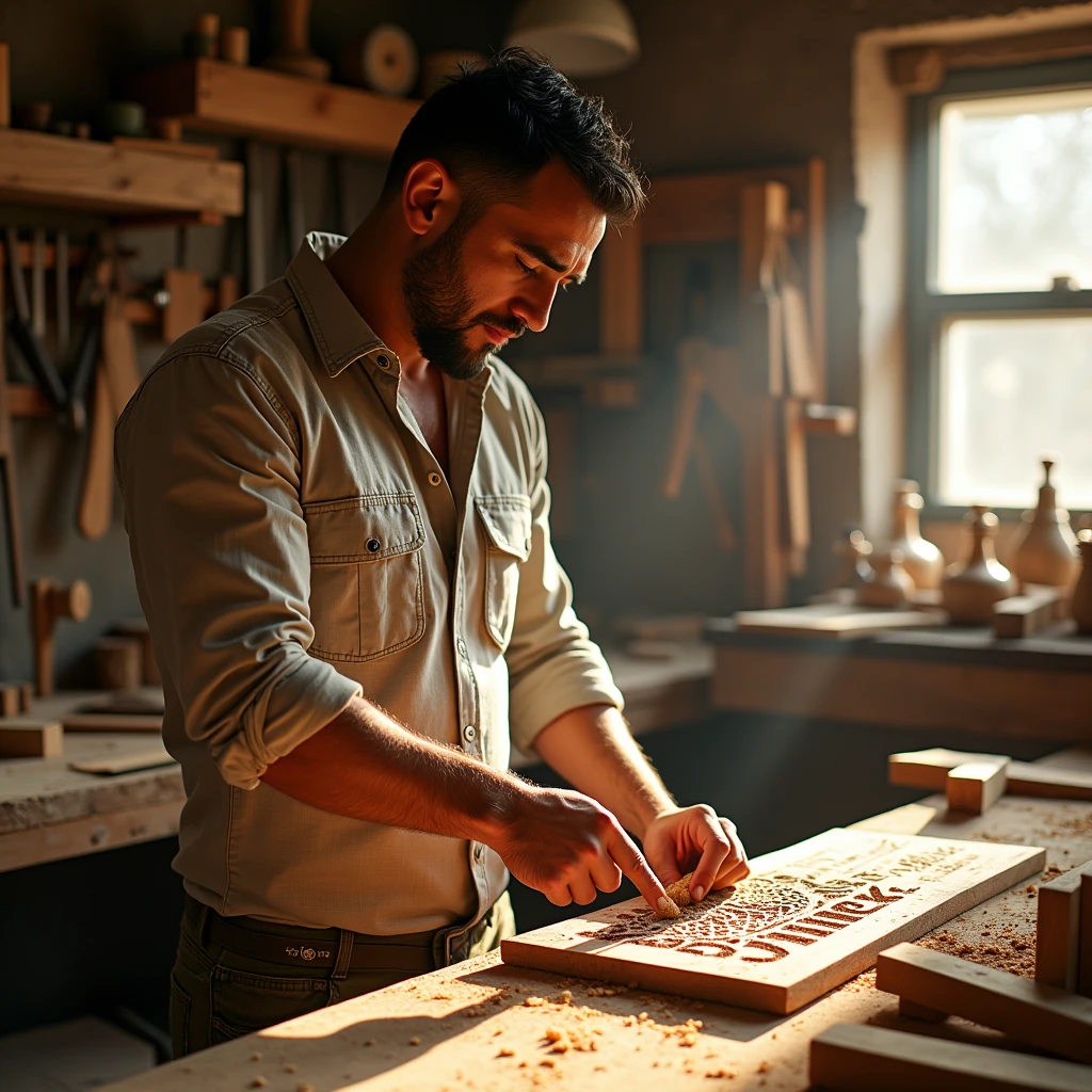 Create an image of Hassan Yazdani, the Olympic wrestling champion, in a carpentry workshop, engaged in wood carving. One of his hands is carving wood while the other is pointing to a sign that reads 'Wood art is the best'.