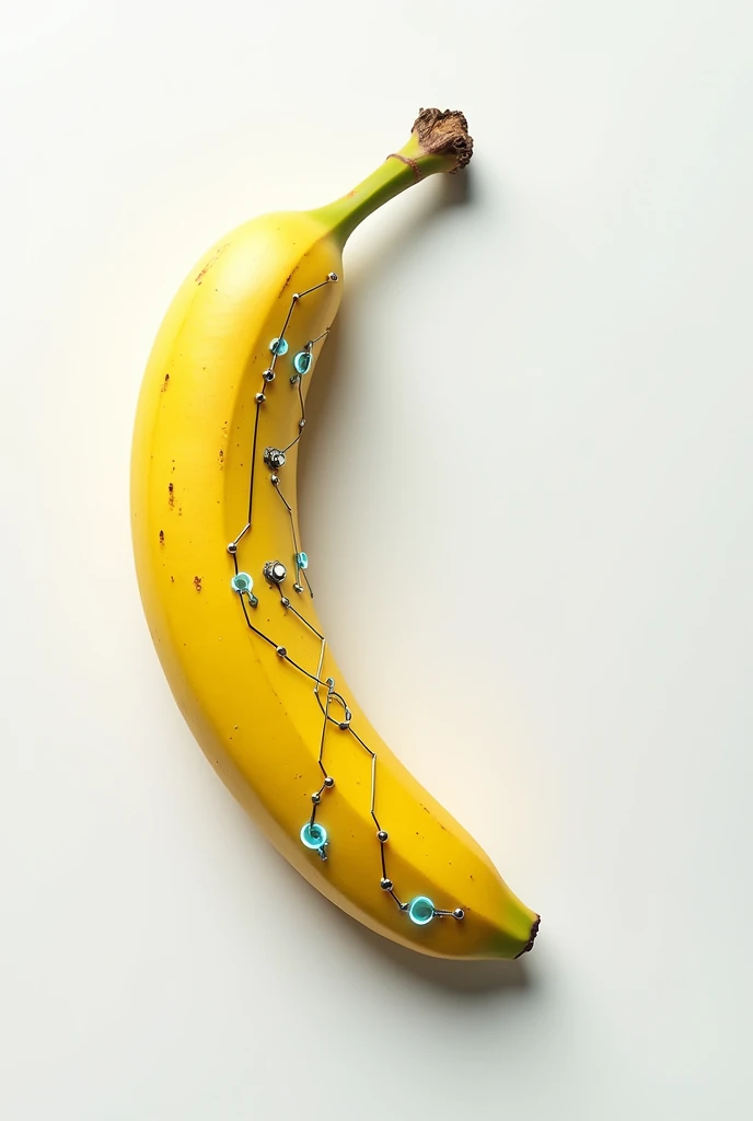 Drawing of a banana that looks like it's being built with circuits on a white background