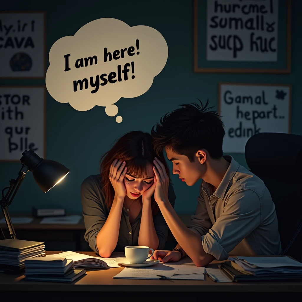 A woman collapses on her desk and cries, Her boyfriend comforts her by placing his hand on her head、The speech bubble says。 "I am here!myself!"