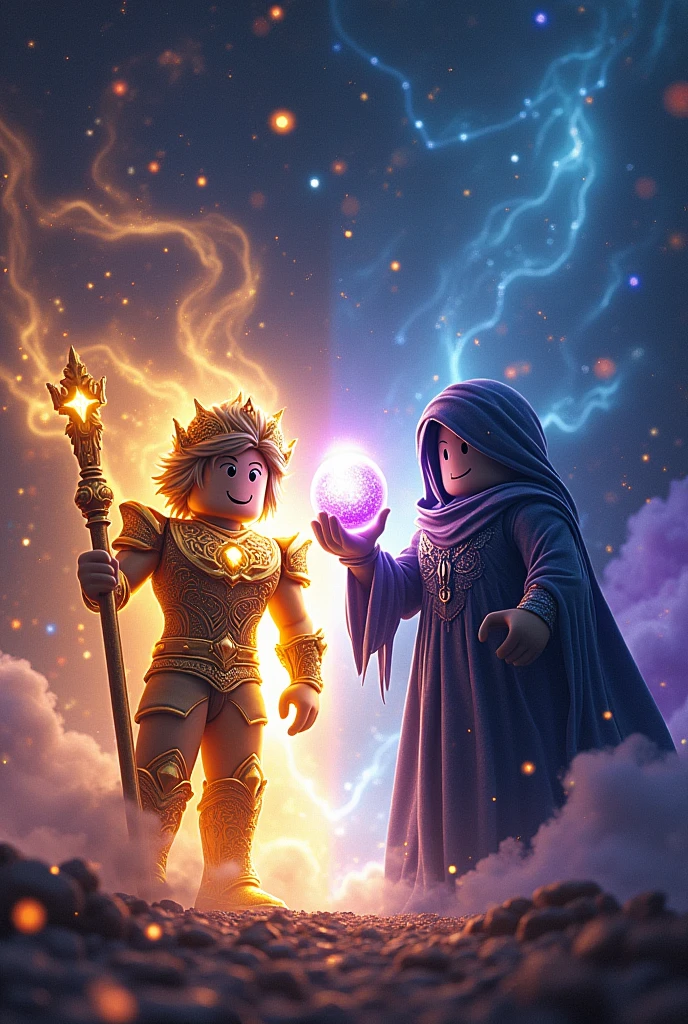 Create an image with two gods, one of light and one of darkness, ready to battle each other in anime style in space, Roblox aesthetic.