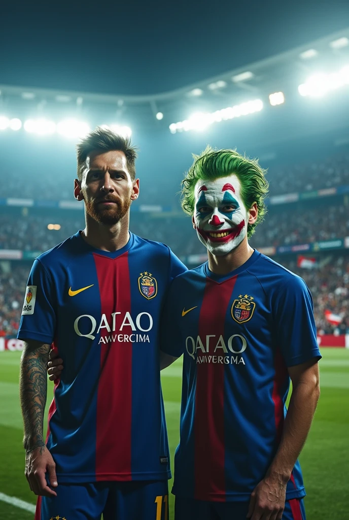 Create an image with Lionel Messi and Joaquin Phoenix's Joker from 2018, but both wearing the Fútbol Club Pachuca Hidalgo uniform..