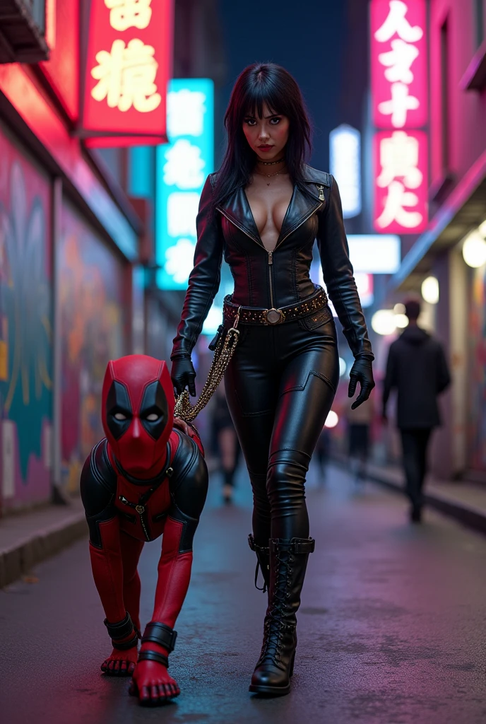 A dominatrix walks Deadpool like a dog