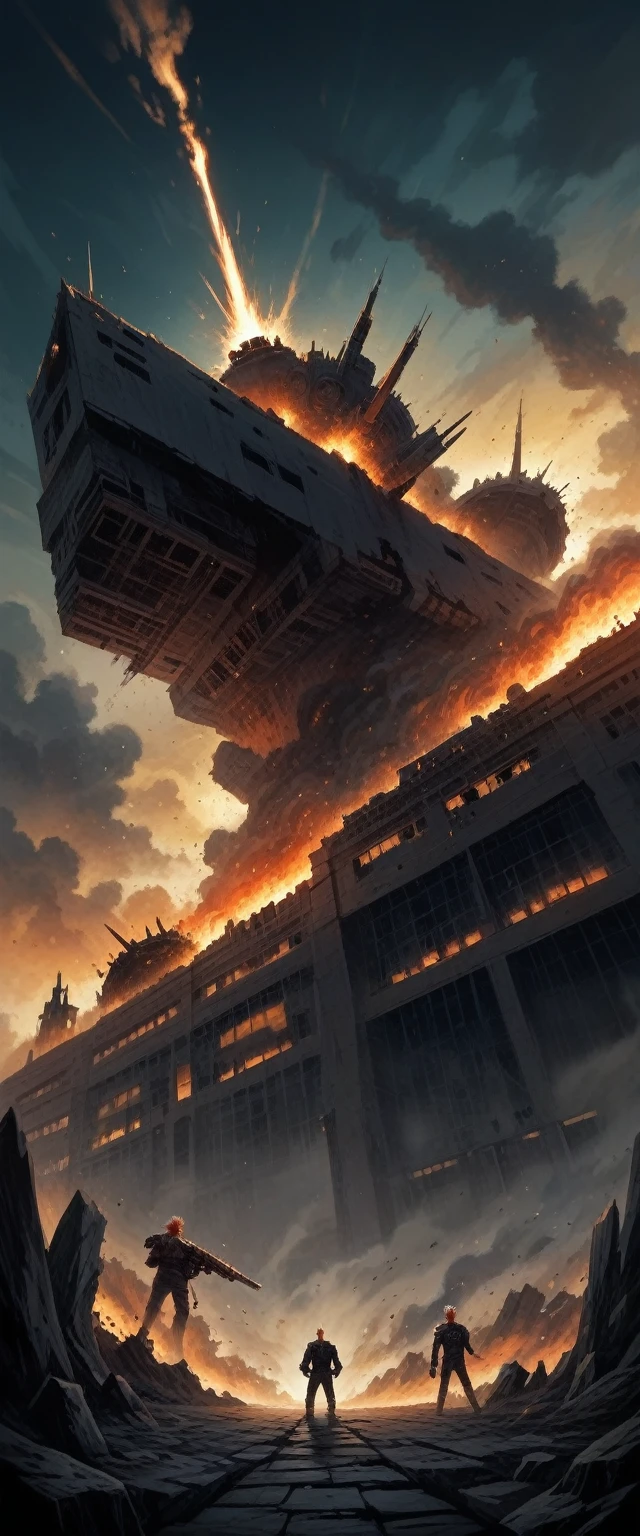 ((epic lighting)),((masterpiece, Best Quality)), epic perpetuation of a dark and illuminated night landscape, shrouded in darkness, remains of a ruined stage in the background, explosions detonating at night, suspended smoke illuminated by the glow of the explosion, distant vehicles engulfed in flames. (masterpiece, Best Quality), Majestic representation, ((2 men with beautiful and well-defined faces ((mohawk hair of various colors)), 2 beautiful and well-defined women, ((with multi-colored punk hairstyles)), (( Whole body)), brightly colored caps and spiked decorations)). PUNK style dresses in various colors., large earrings and striking punk garments meticulously decorated with countless metallic and pointy accessories, spikes and punk-inspired ensembles. They exude a dynamic flight position., 8k.((dynamic flight posture))
