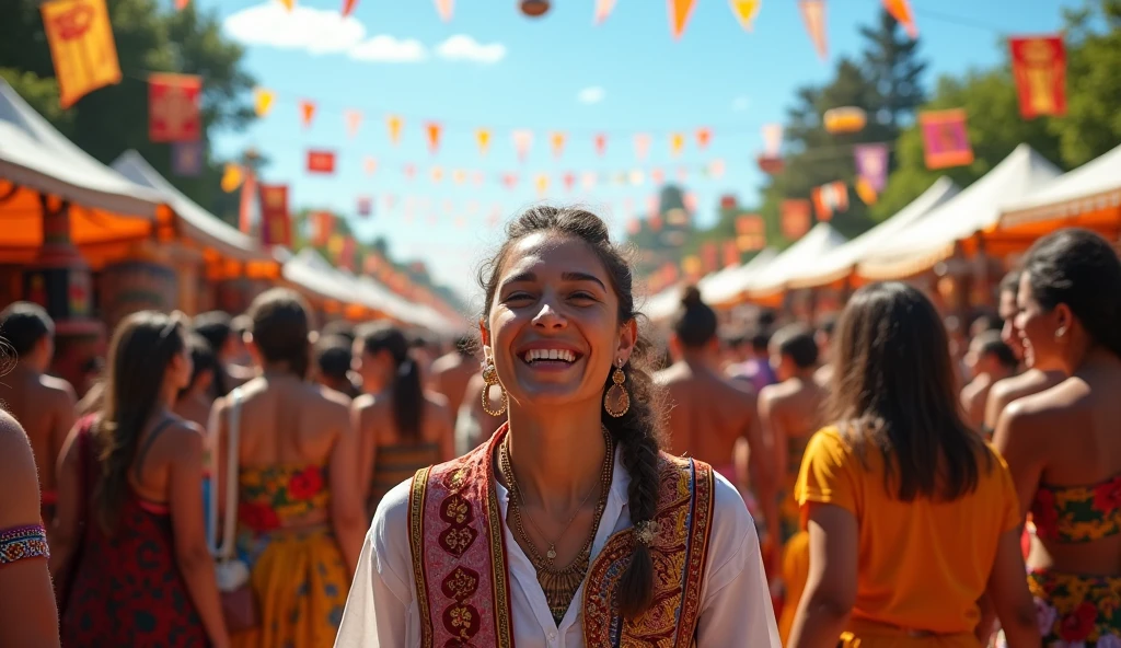 A scene of a person interacting with diverse groups of people in a vibrant, multicultural festival, surrounded by various cultural symbols and artifacts. --ar 16:9