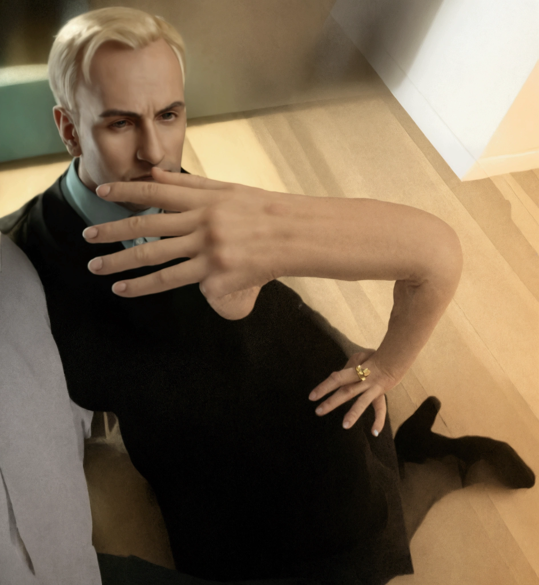 Hand with crossed fingers in front of the face