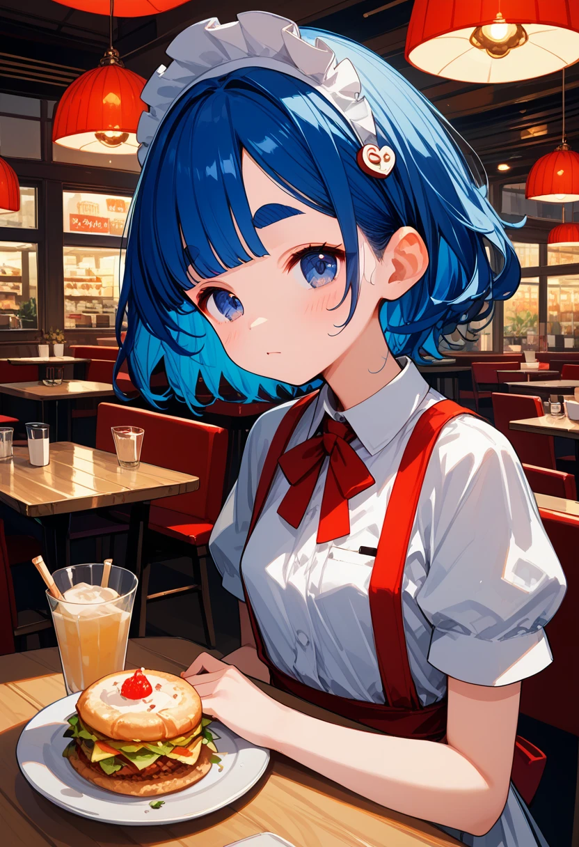 score_9, score_8_up,score_7_up,flat color,(best quality, masterpiece, ultra high-resolution, ultra-detailed,waitress is busy working at the restaurant,A restaurant right by the sea,Waitress in summer clothes, BREAK (girl,16yo,detailed face,(darkblue hair,wavy-short hair),middle thick eyebrows,,middle small breasts),