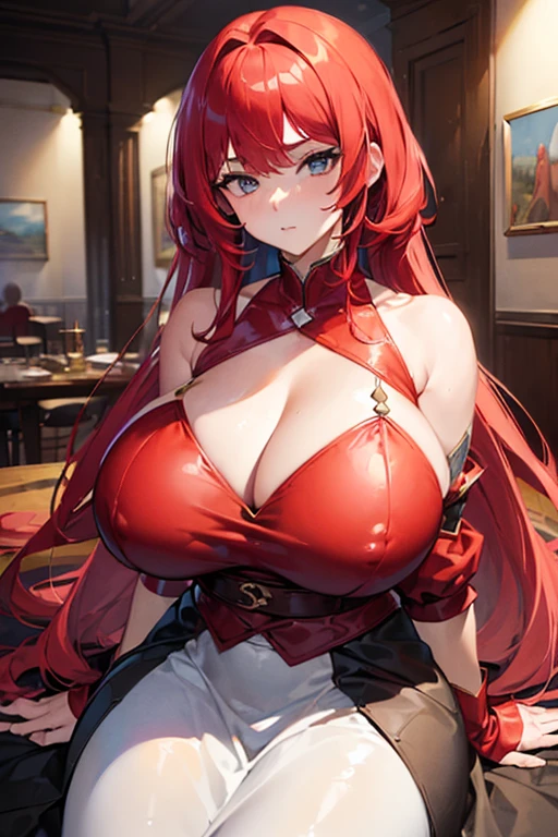 ((best qualityer, work of art :1.3)), 1 girl, beautfull woman :1.3, bright red hair,(random hairstyles, gigantic breastss :1.2), elegant outfit:1.2, hinterland, detailedeyes, looking ahead at viewer