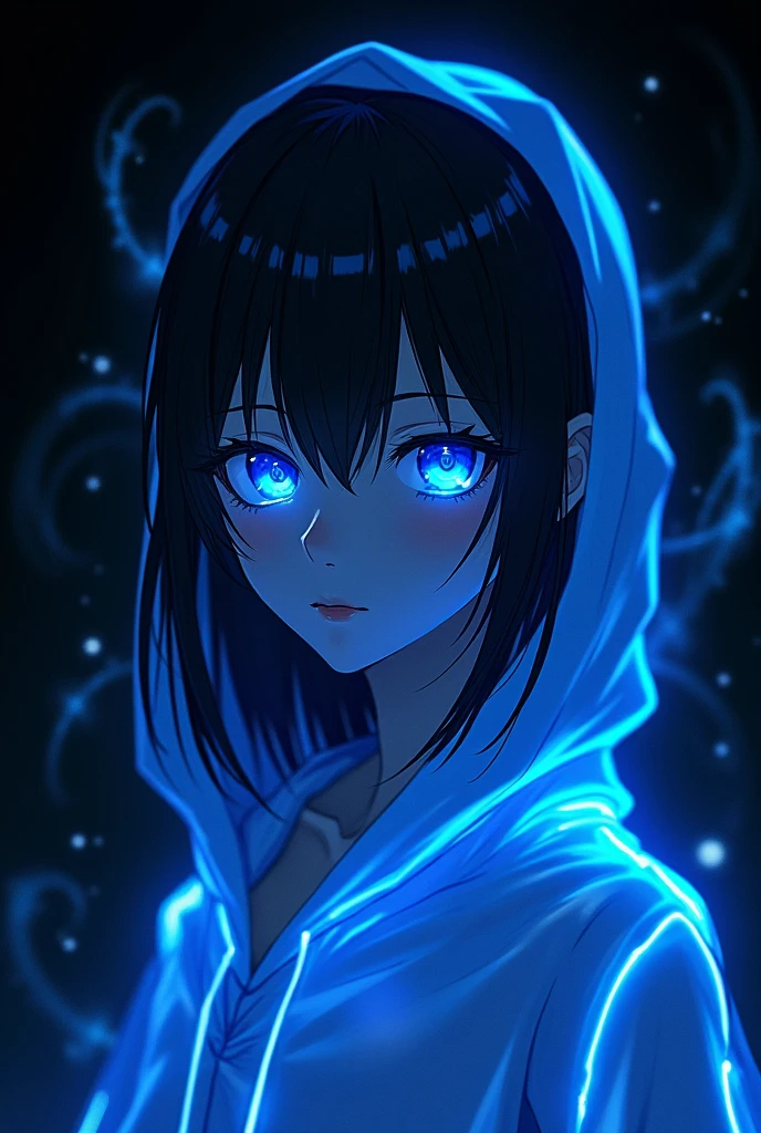 (anime) black background, blue eye, neon glow