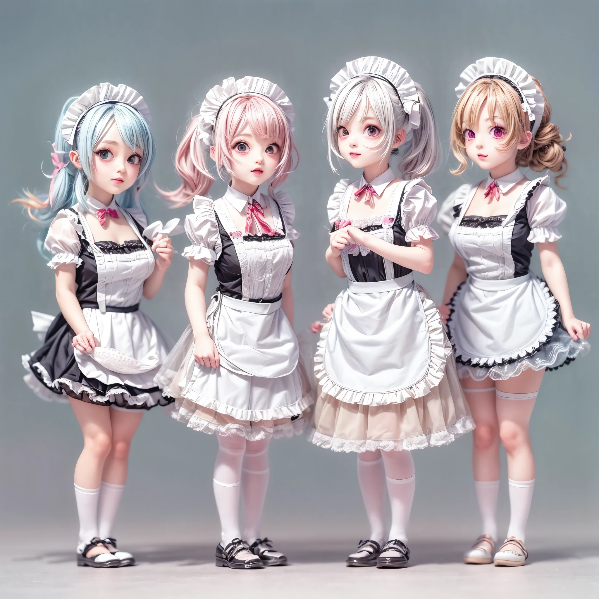 (Full Body of Extremely Detailed((Kawaii Maid Group in a row:1.37))), Childish perfect face, Reflective Eyes, Detailed(Delicate Clothing textures), Correct Leg Line, Dynamic Joyful Expressions LifeLike Rendering, Specular Reflection, TopQuality 8K Ultra-detailed masterpiece (ProfessionalPhoto:1.37), (Acutance:0.8), (Luminism:1.28), (Renaissance art style), Colorful Light particles, ((Full body from side)), {MicroMini(SkirtLift)|Kissing|Breast Lifting|Undressing|Thigh Gap}, Radiant Fine Skin with Transparency, (Exposed:0.5), (Different types of Anime hair color){Pink Hair|Light Blue Hair|Pure White Hair}, Perfect Lighting 