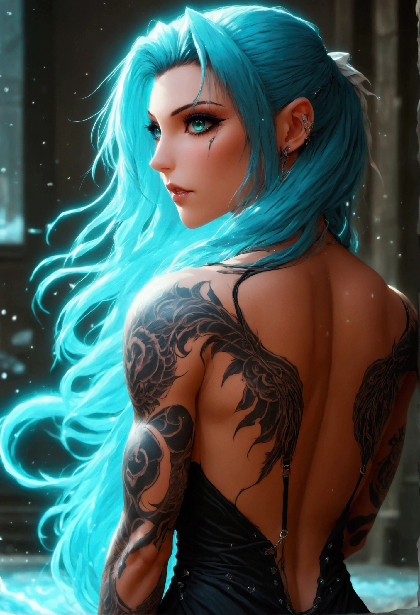 Create a hyper detailed photograph of a tattooed muscular young sexy female deathknight, Stunningly perfect gorgeous face, perfect makeup, detailed vibrant eyes, long hair, big beautiful muscular legs, big beautiful muscular arms, big back muscles, perfect body, muscular abs, detailed smooth skin, big breast, large hart shaped ass, black strappy lace sundress,