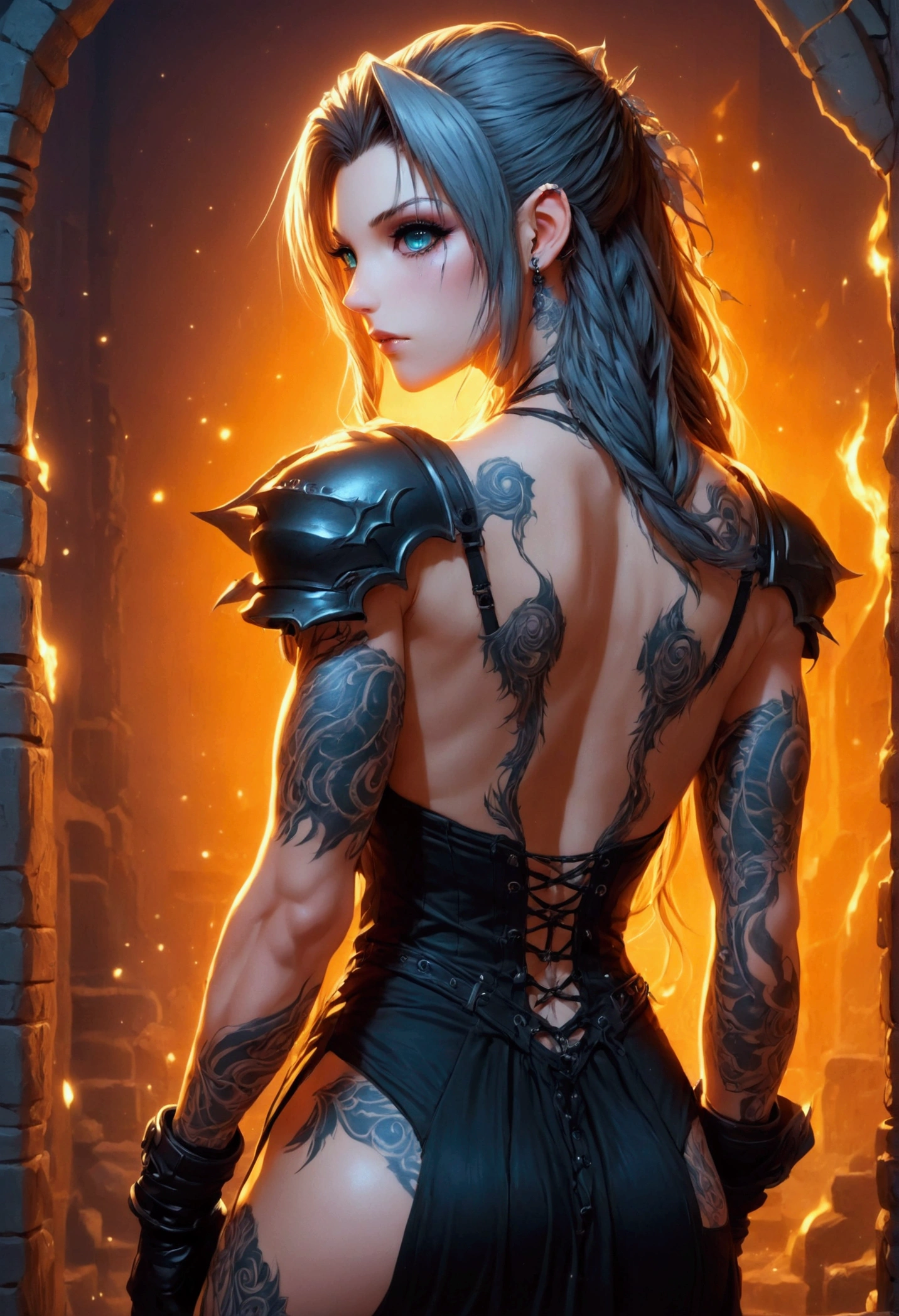 Create a hyper detailed photograph of a tattooed muscular young sexy female deathknight, Stunningly perfect gorgeous face, perfect makeup, detailed vibrant eyes, long hair, big beautiful muscular legs, big beautiful muscular arms, big back muscles, perfect body, muscular abs, detailed smooth skin, big breast, large hart shaped ass, black strappy lace sundress,