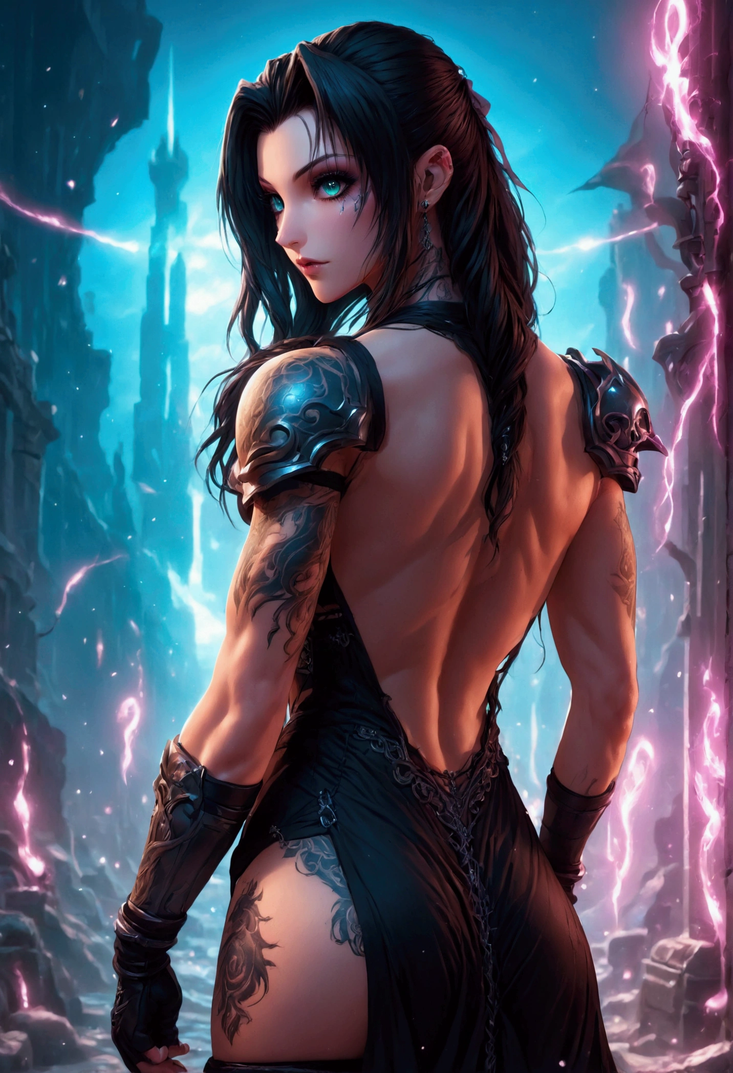 Create a hyper detailed photograph of a tattooed muscular young sexy female deathknight, Stunningly perfect gorgeous face, perfect makeup, detailed vibrant eyes, long hair, big beautiful muscular legs, big beautiful muscular arms, big back muscles, perfect body, muscular abs, detailed smooth skin, big breast, large hart shaped ass, black strappy lace sundress,