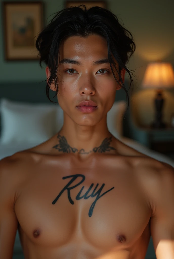 Young AI high quality Ruy name tattoo on neck muscular tanned skin piercing gaze pink mouth with bedroom background